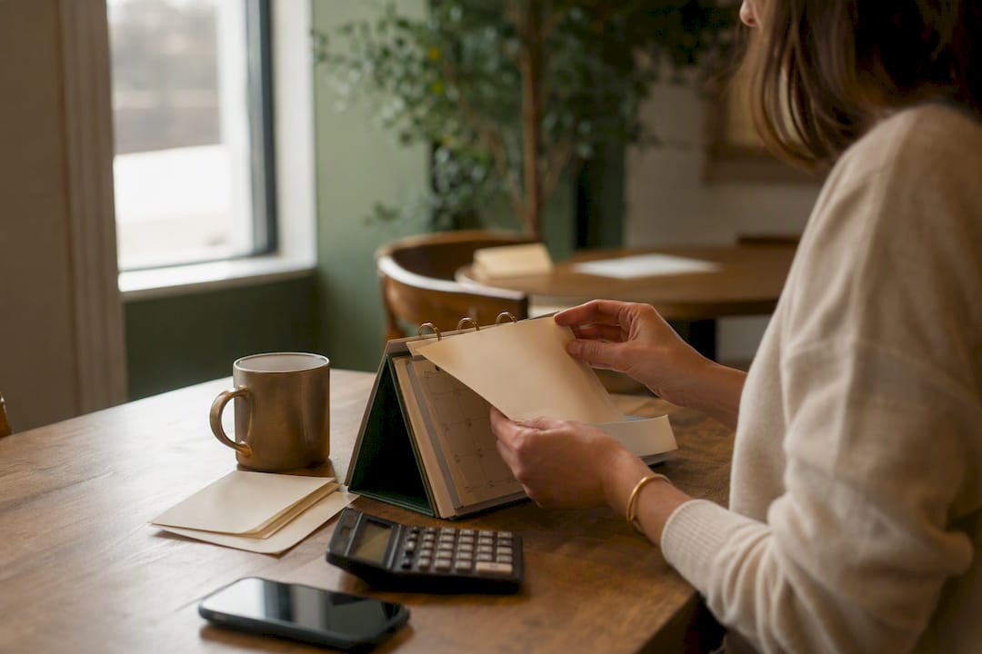 Hands adjusting calendar and calculator on desk