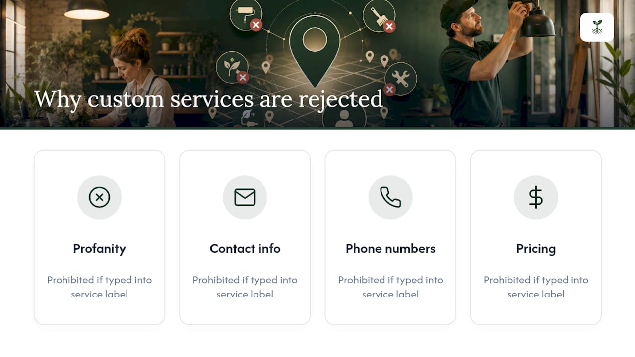 Diagram of reasons for rejection of custom services on Google Business Profile