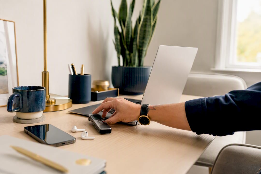 Hand adjusting voice recorder in office