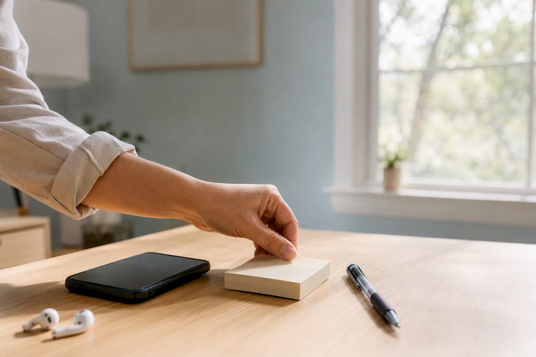 Hand placing blank cards next to smartphone and headset