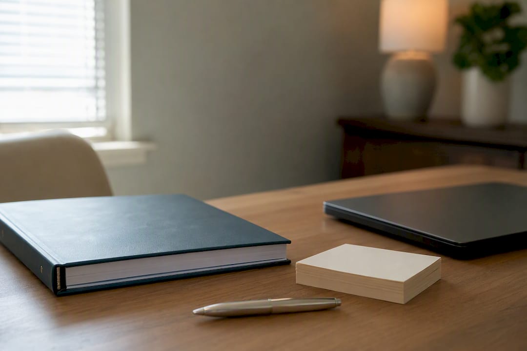 Quiet workspace with legal reference props