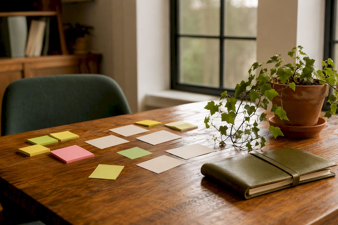 Close-up of desk with notebook and clips