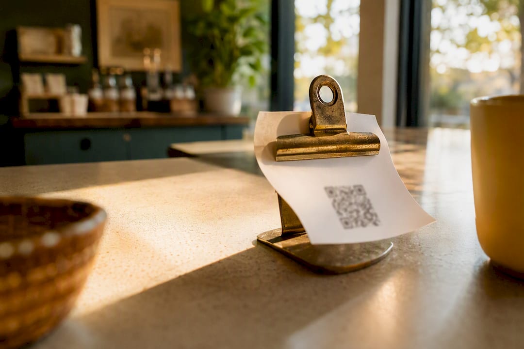 Receipt with QR code clipped on counter