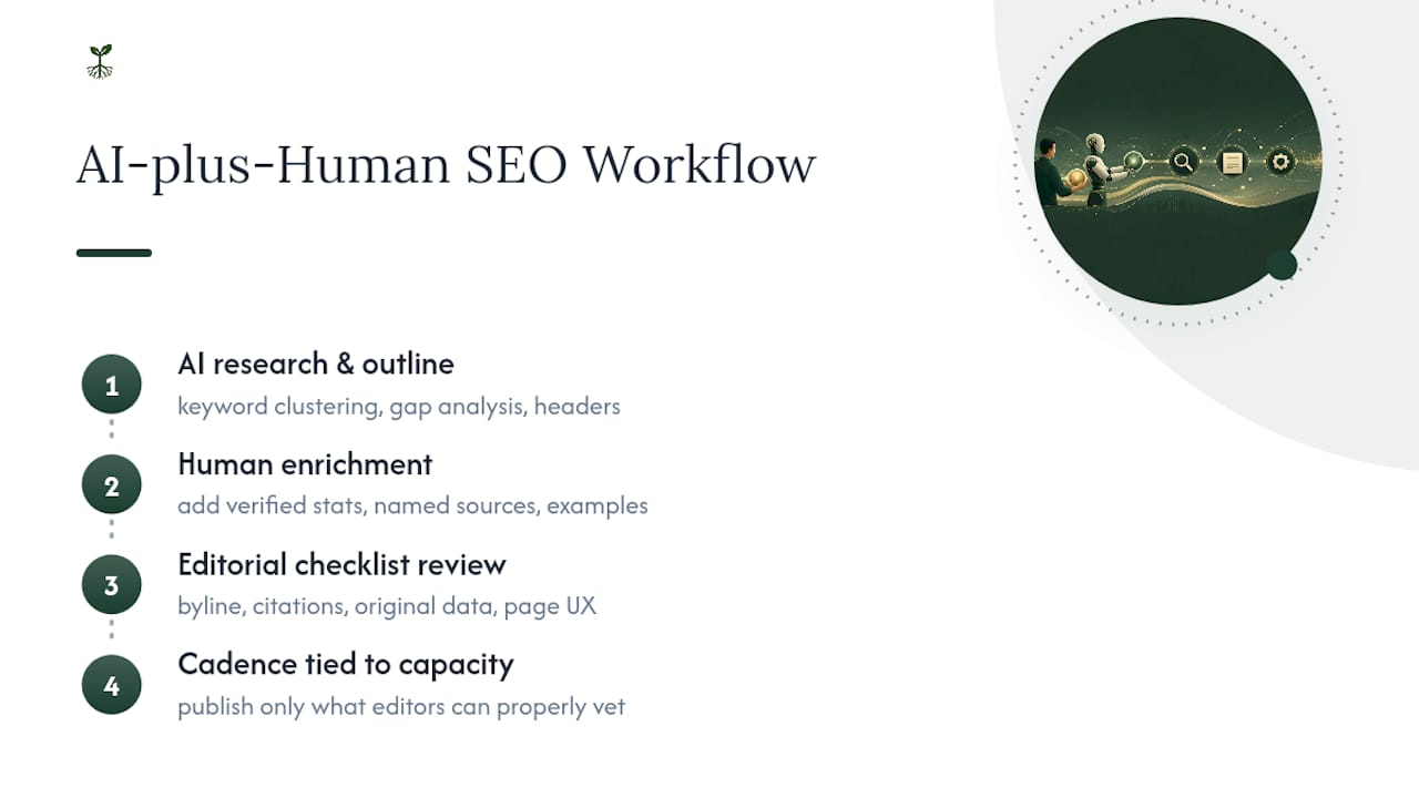 Four-stage AI and human SEO workflow