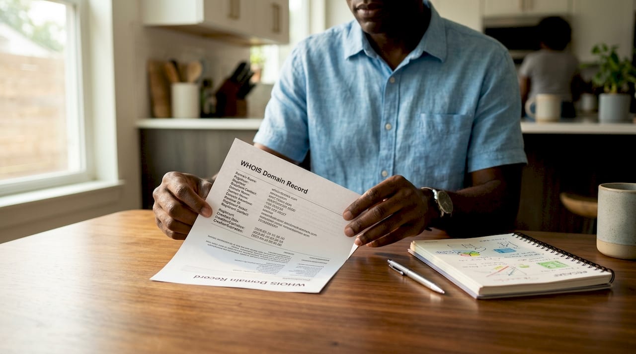 Hands holding printed domain WHOIS record document