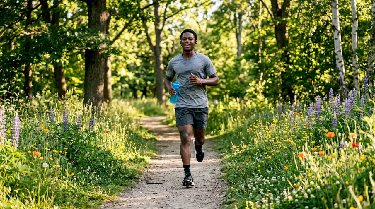 Student walking outdoors for stress relief