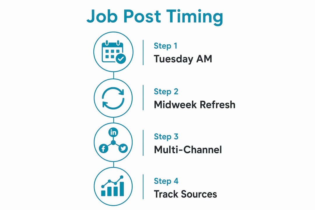 Infographic displaying job ad posting timing and channel steps