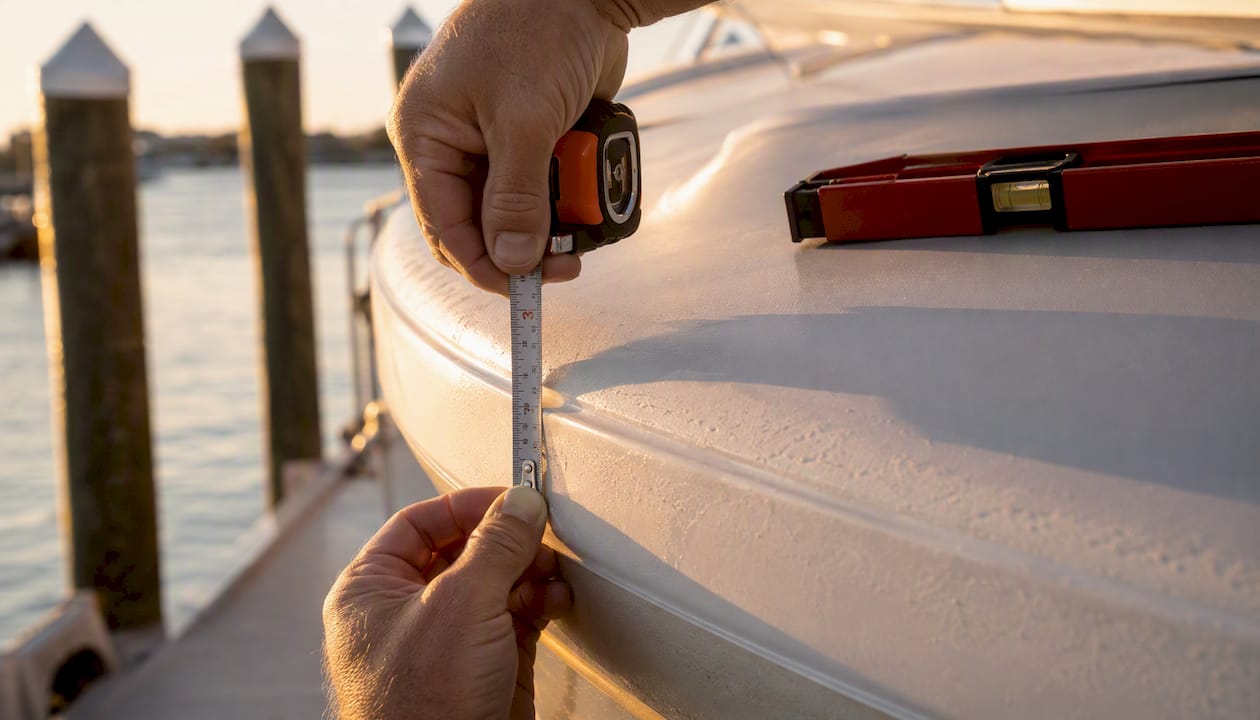 Hands measuring boat hull for decal placement