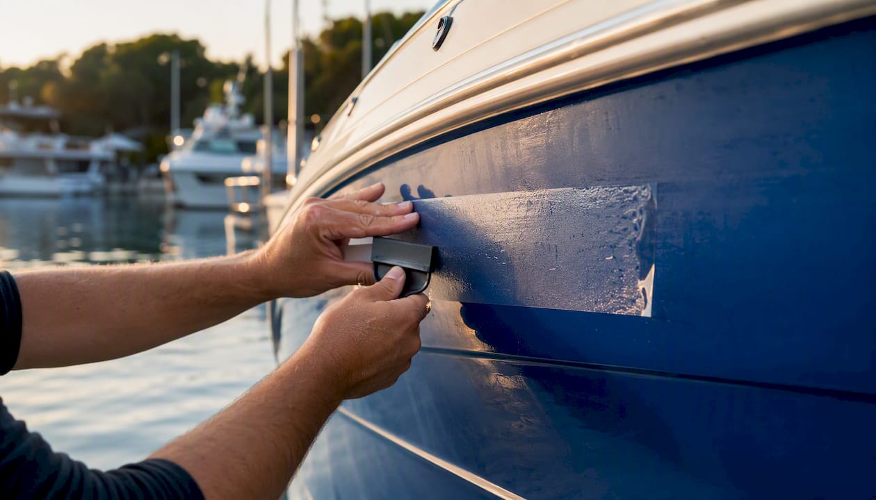 Hands applying marine-grade registration decal on boat hull