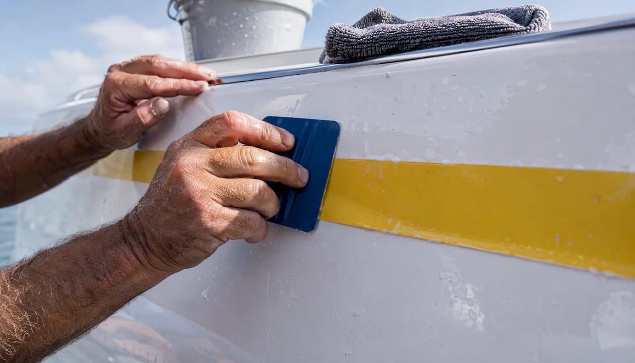 Hands burnishing decal edges with squeegee