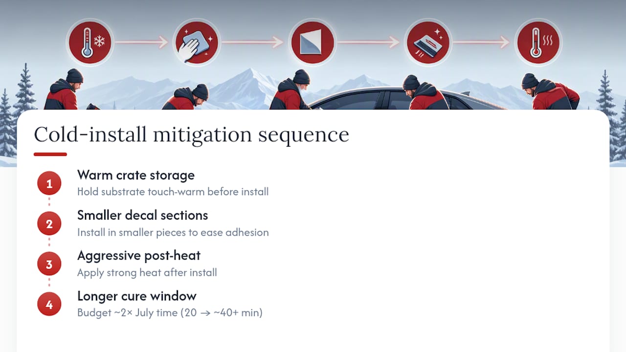 Cold-weather decal installation mitigation sequence