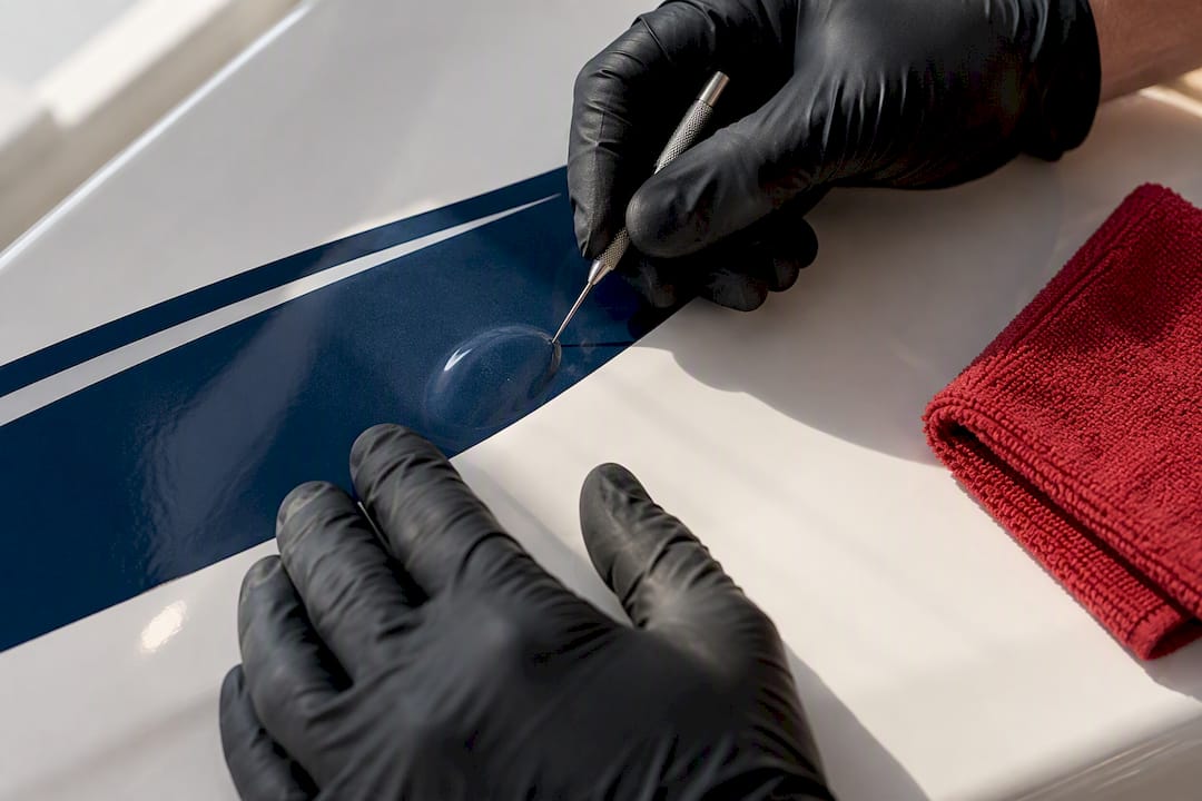 Needle angled toward boat decal bubble edge