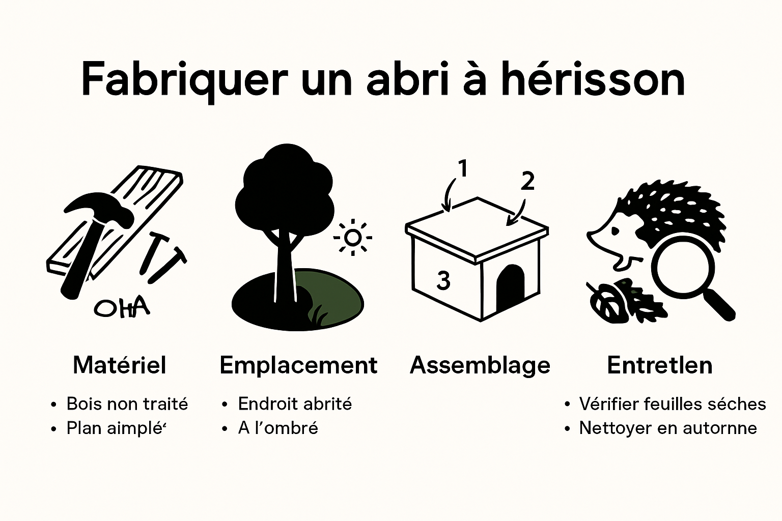 Étapes illustrées pour fabriquer un abri à hérisson