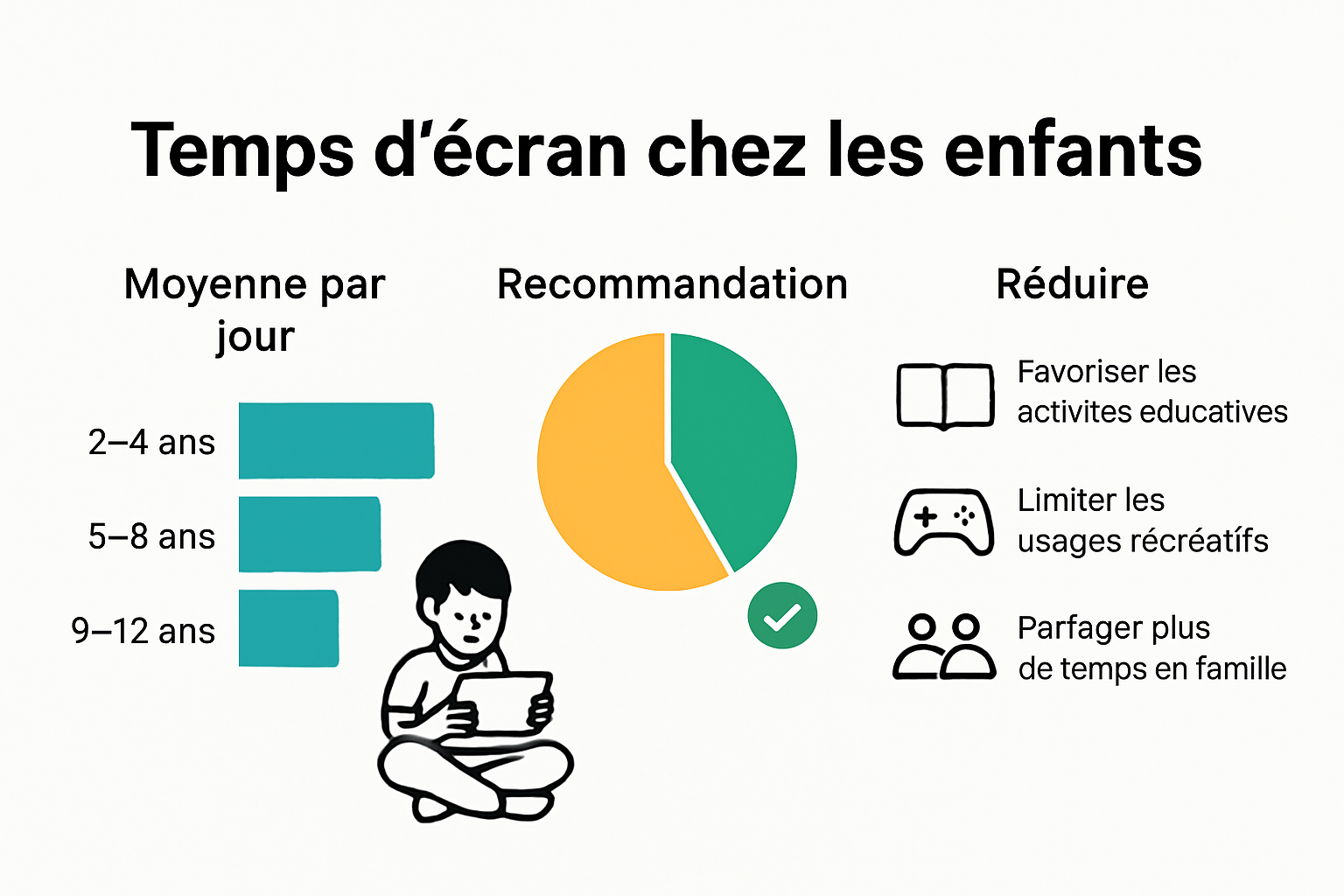 Infographic showing children's daily screen time, limits, strategies