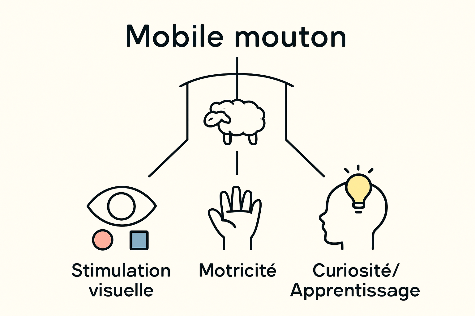 Infographic showing visual, motor, and curiosity benefits of mobile mouton for baby