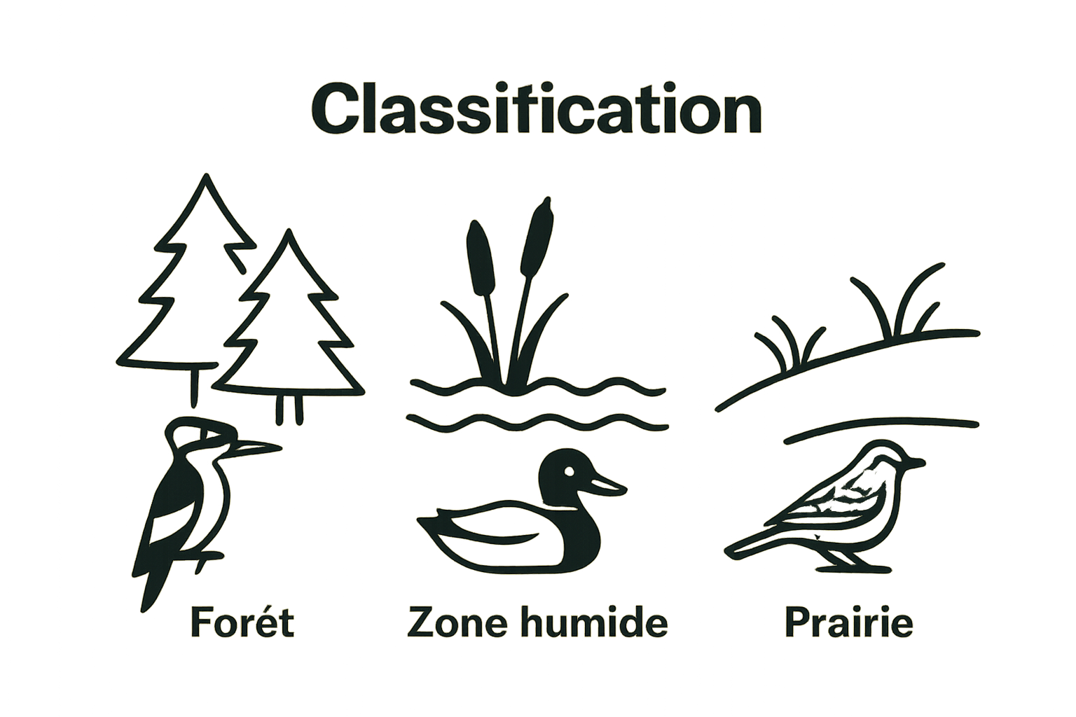 Infographie sur trois types d'habitats d'oiseaux et leurs espèces typiques