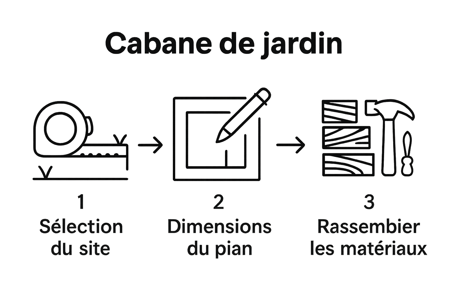 Three-step visual for selecting location, planning, and preparing materials for cabane de jardin