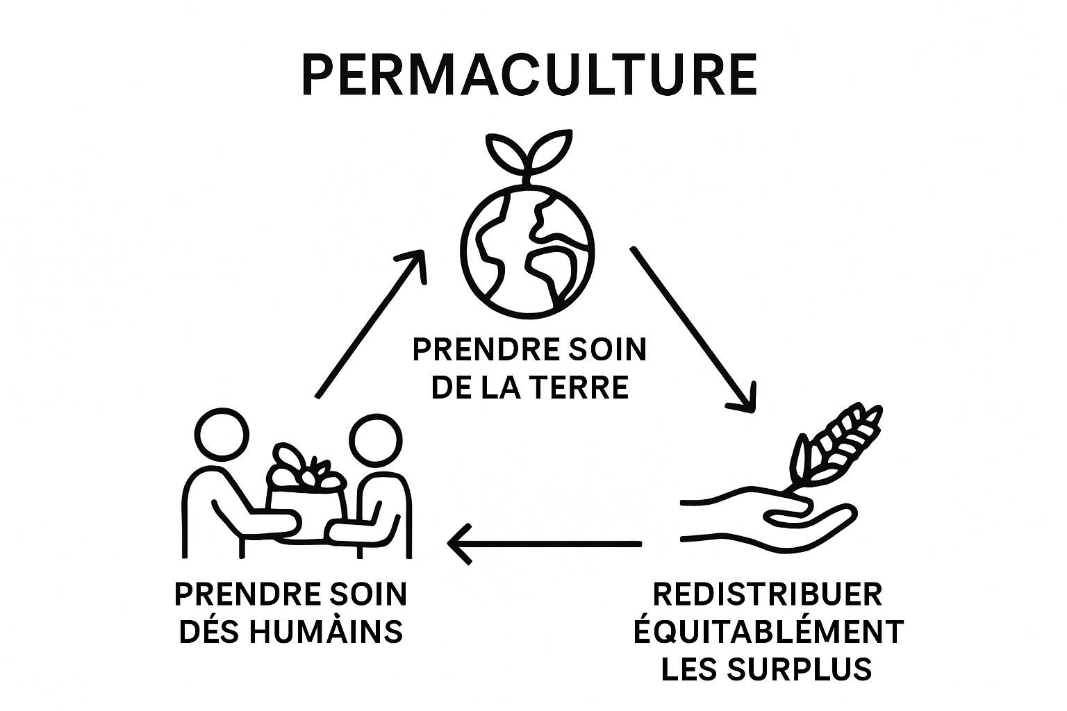 Infographic showing three pillars of permaculture ethics with simple icons