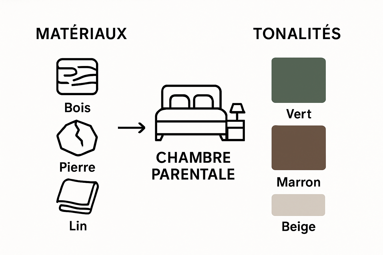Infographic comparing key natural materials and color palettes for parental bedrooms