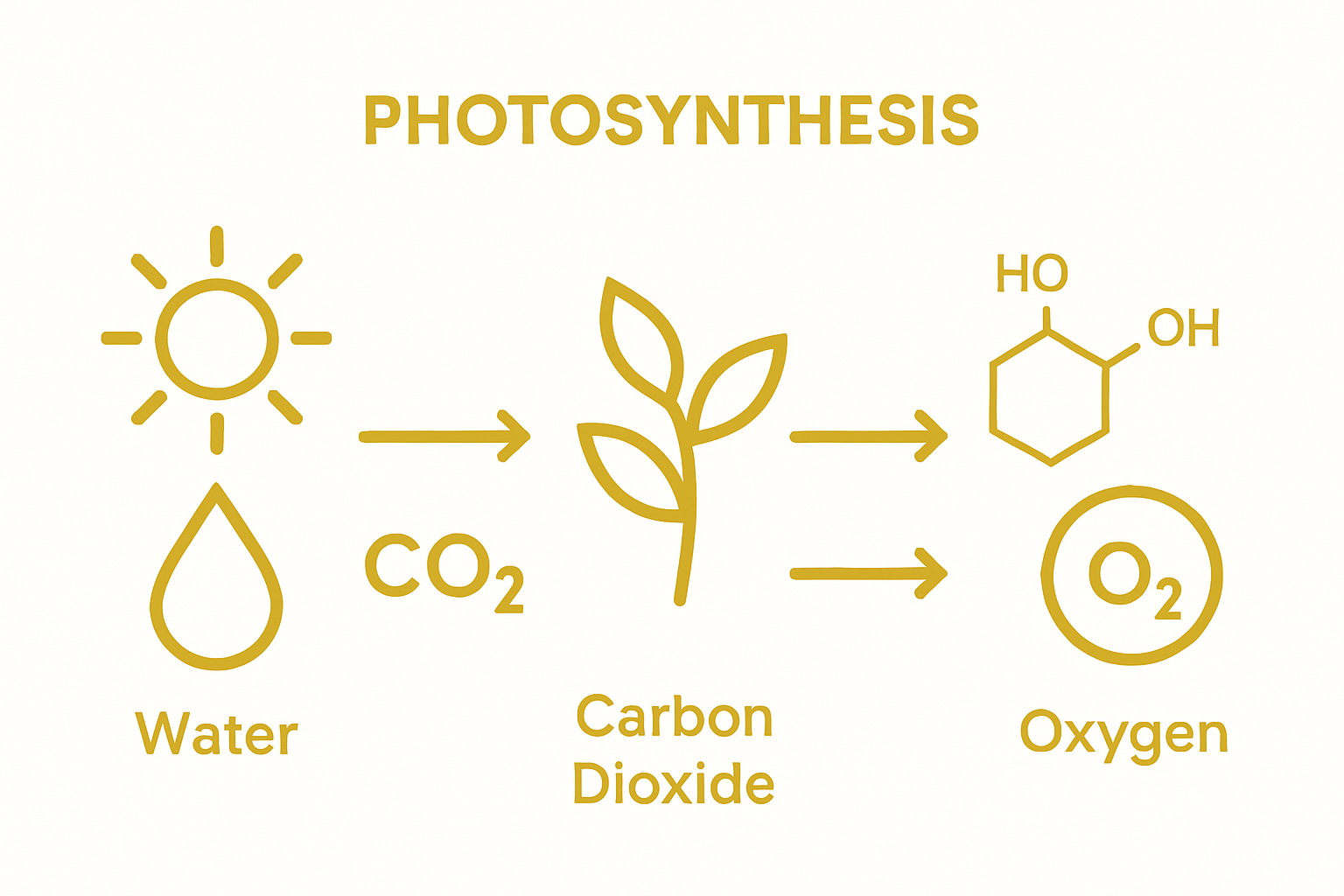 Icons showing sunlight, water, carbon dioxide entering a plant, producing oxygen and glucose