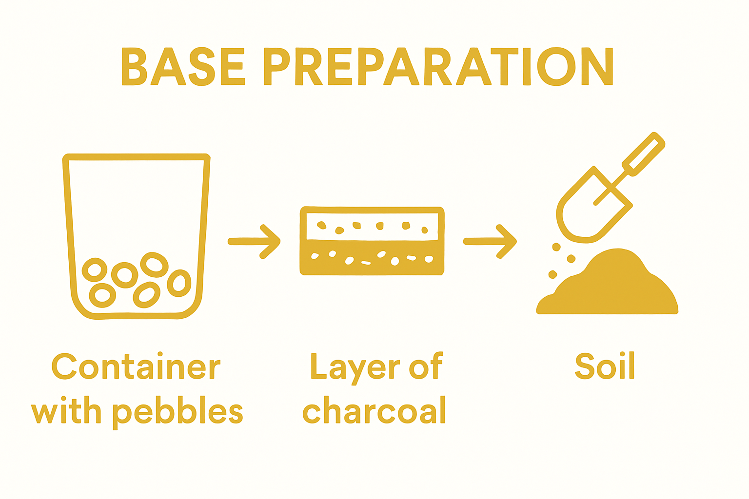 Infographic showing three steps: pebbles for drainage, charcoal layer, soil addition