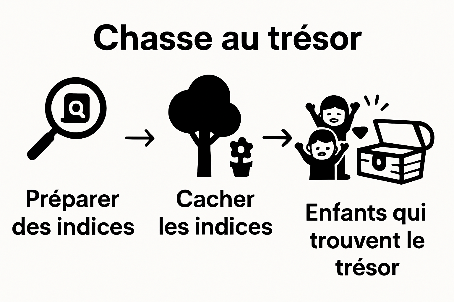 Trois étapes visuelles d'une chasse au trésor dans le jardin