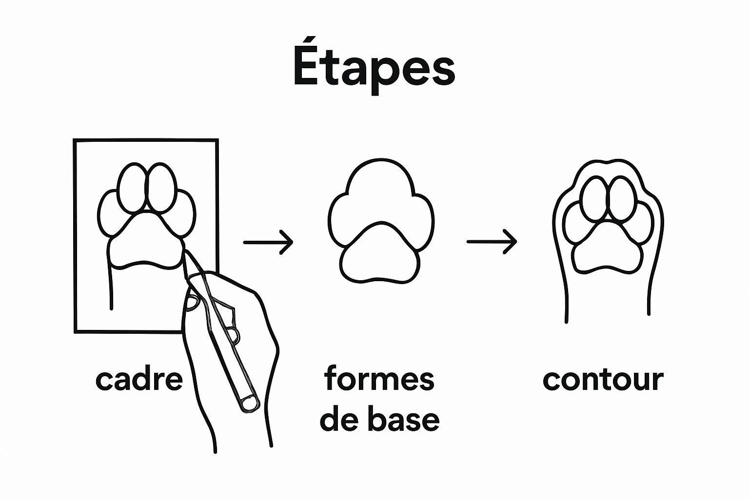 Infographic showing three steps to sketch a cat paw outline