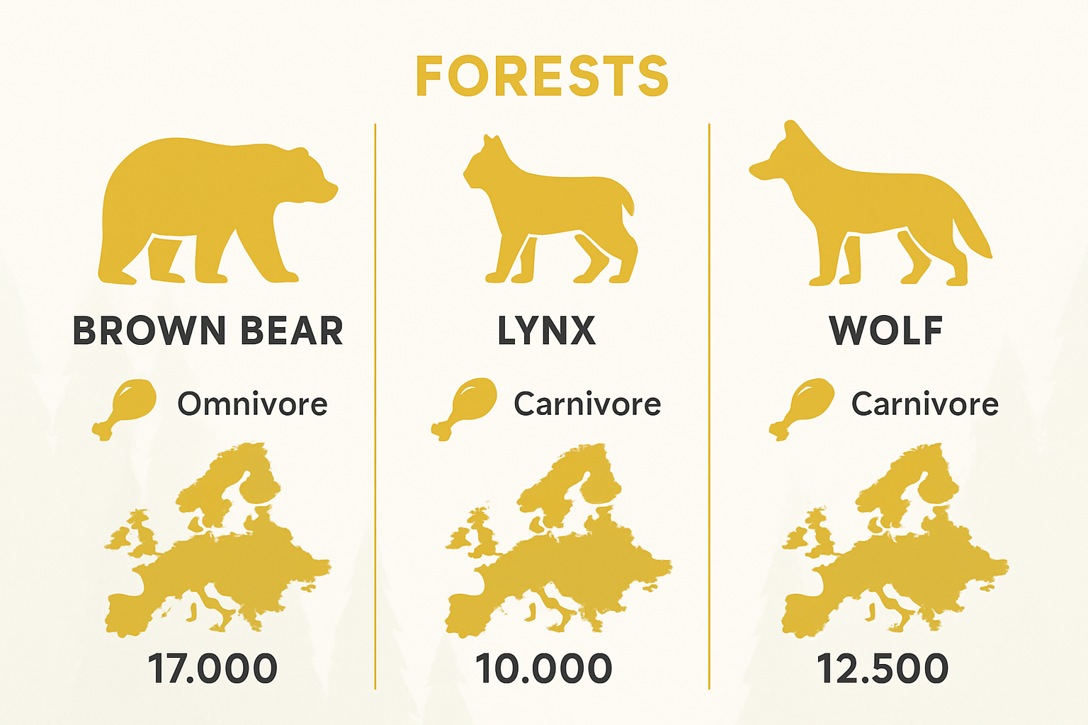 Comparison of bear, lynx, and wolf in European forests