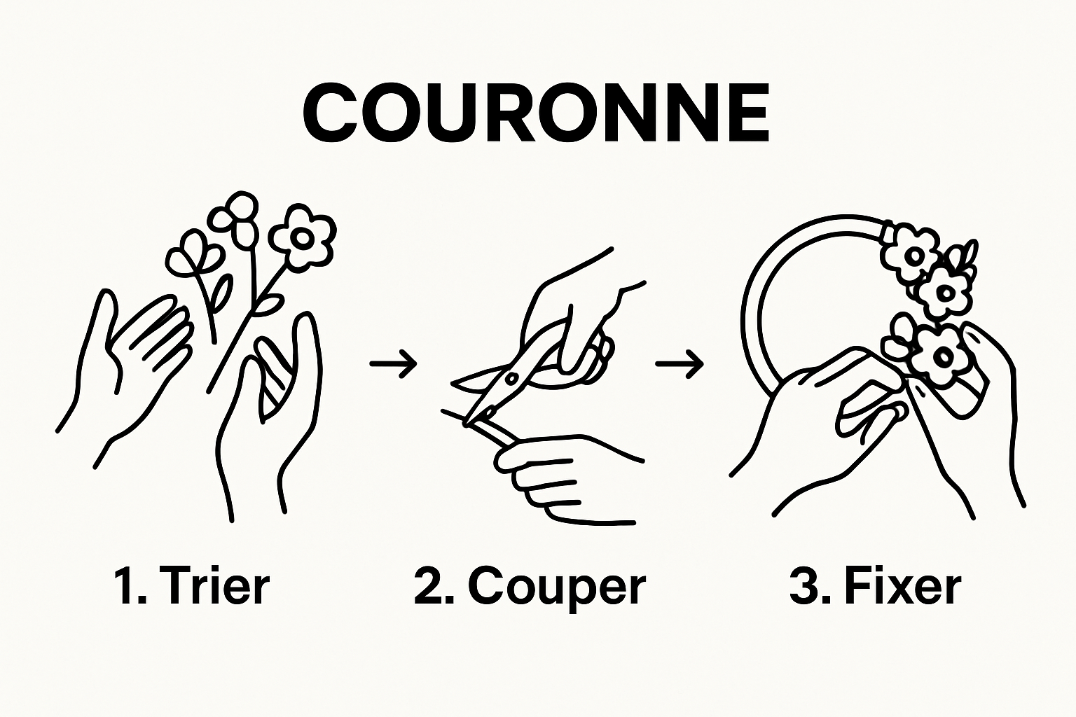 Visual workflow of selecting, preparing, and assembling flowers for a crown