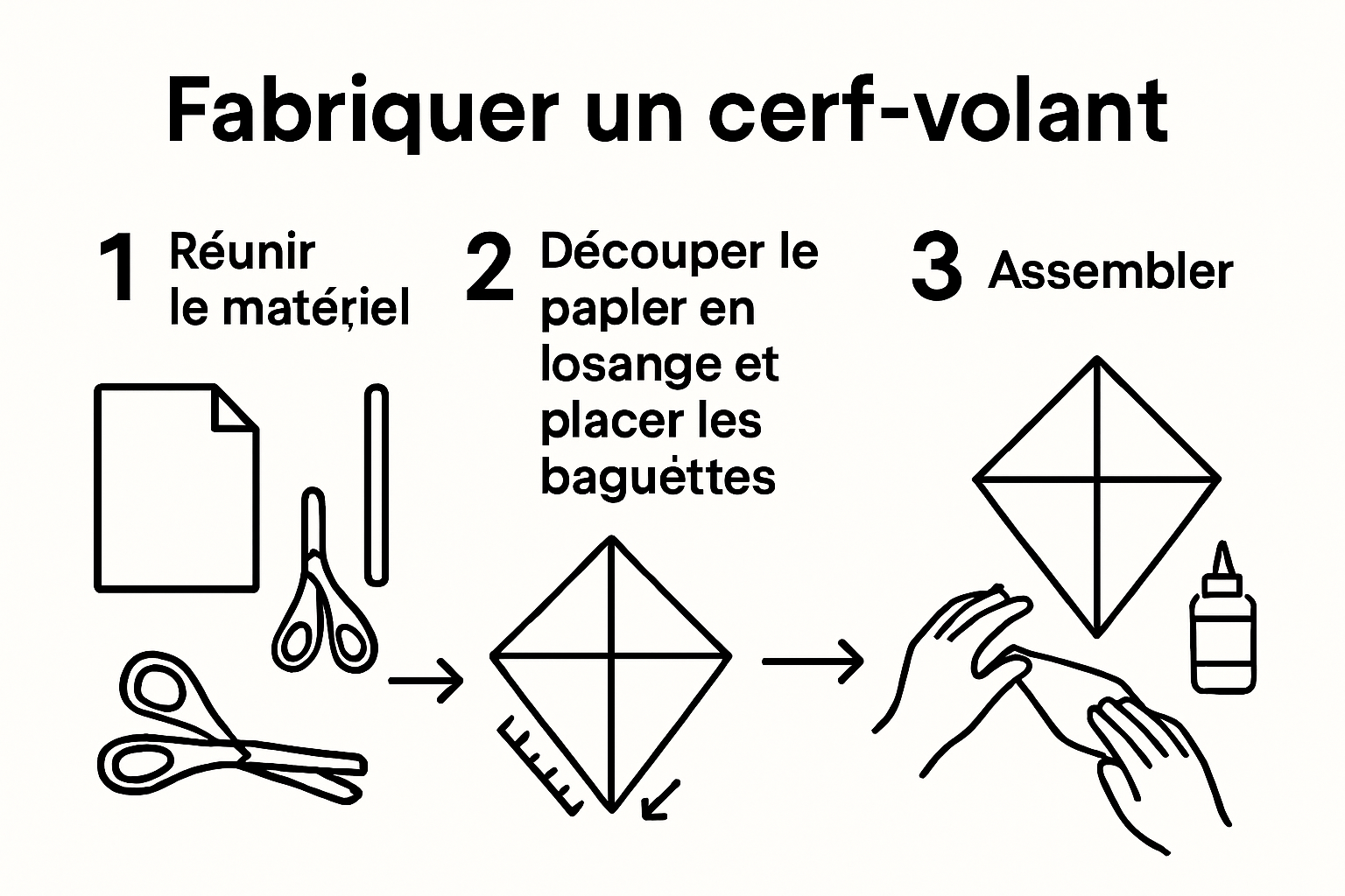 Illustration des 3 étapes de base pour fabriquer un cerf volant