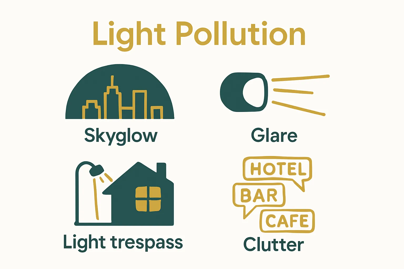 Infographic showing four types of light pollution: skyglow, glare, trespass, clutter.