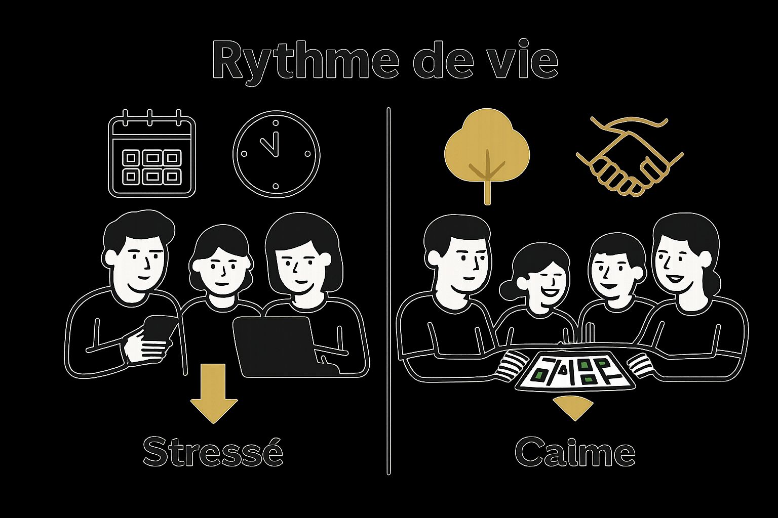 Comparison of fast-paced vs. slow family lifestyle with icons