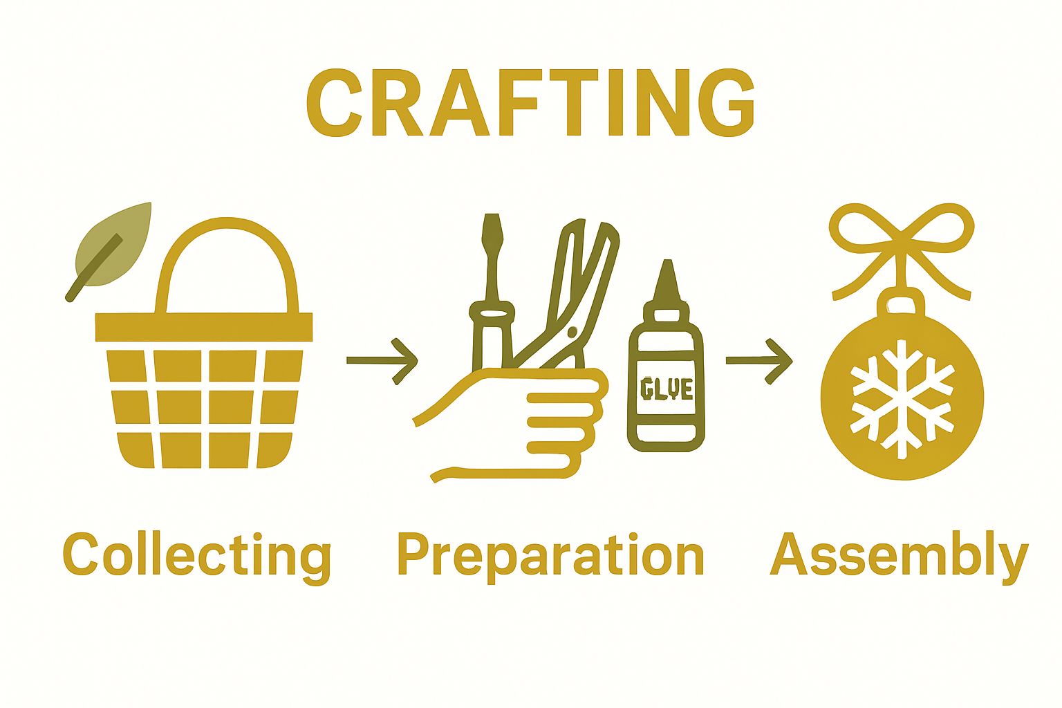 Infographic of 3 steps: gather materials, prepare workspace, assemble ornament