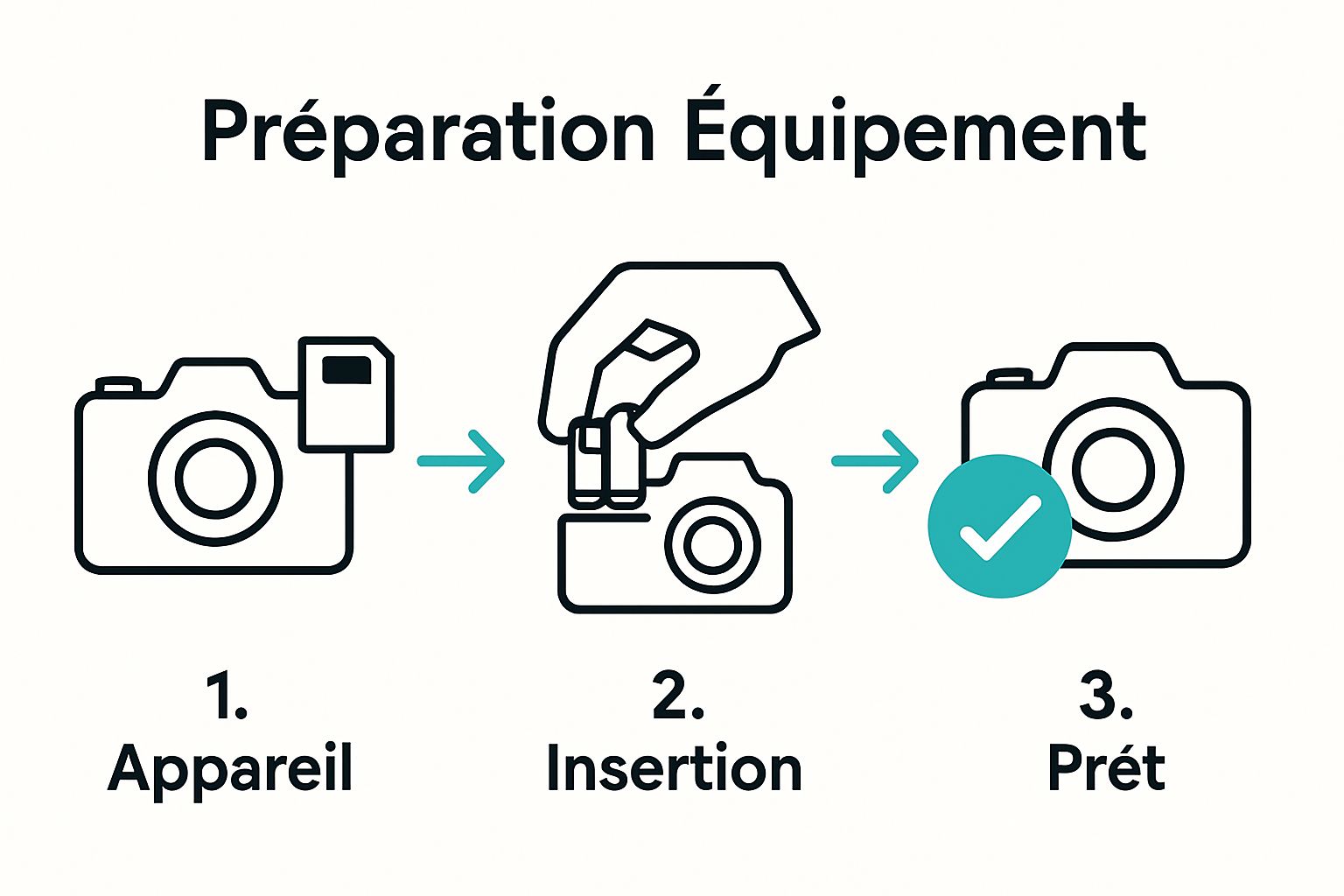 Infographic illustrating three steps to prepare photo equipment for a child photo session