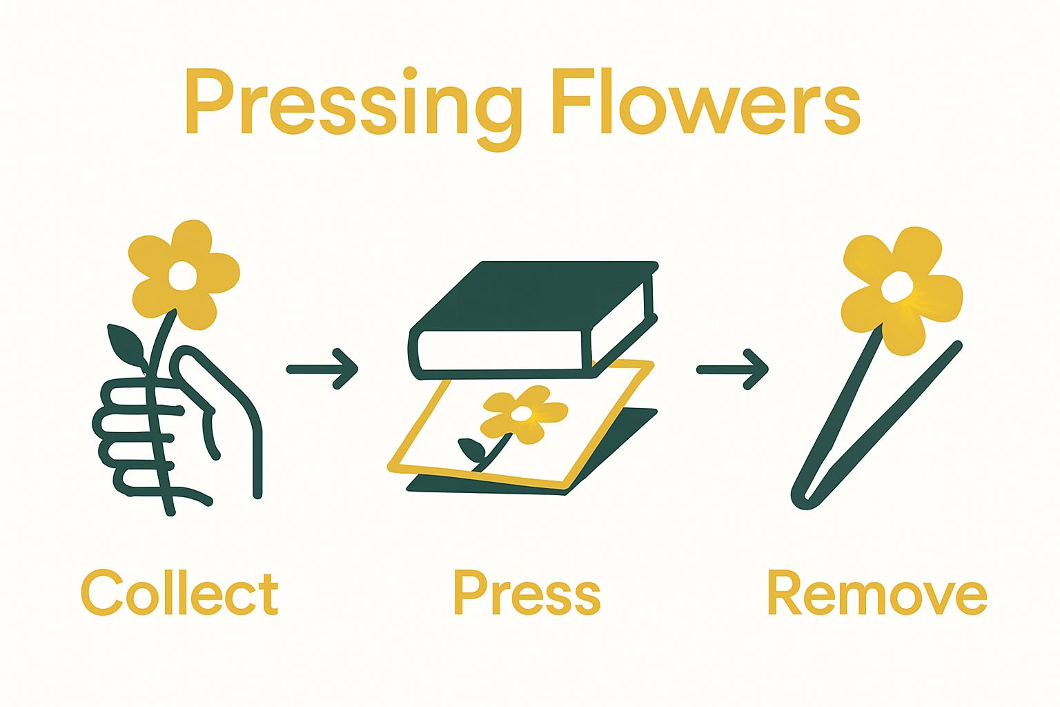 Infographic showing three steps to press flowers: picking, pressing, and removing.