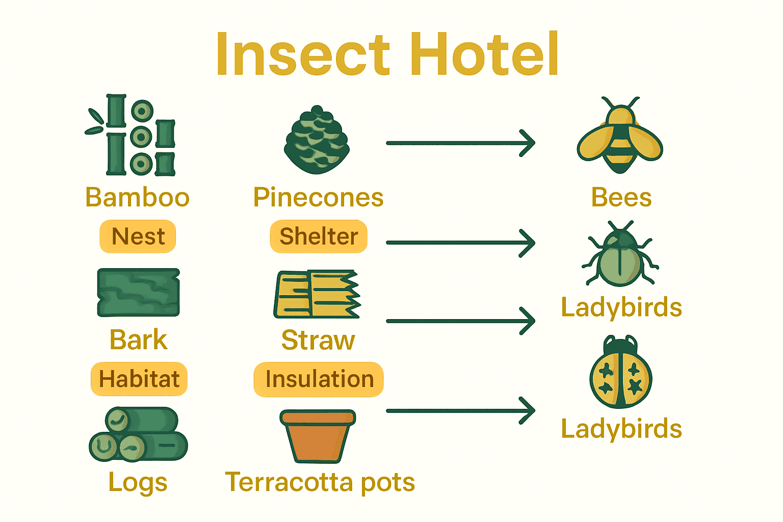 Infographic comparing materials for insect hotel compartments and the bugs they attract.