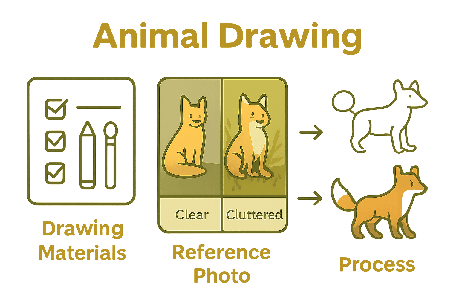 Infographic showing animal drawing materials, reference photo tips, and basic shape sketching process