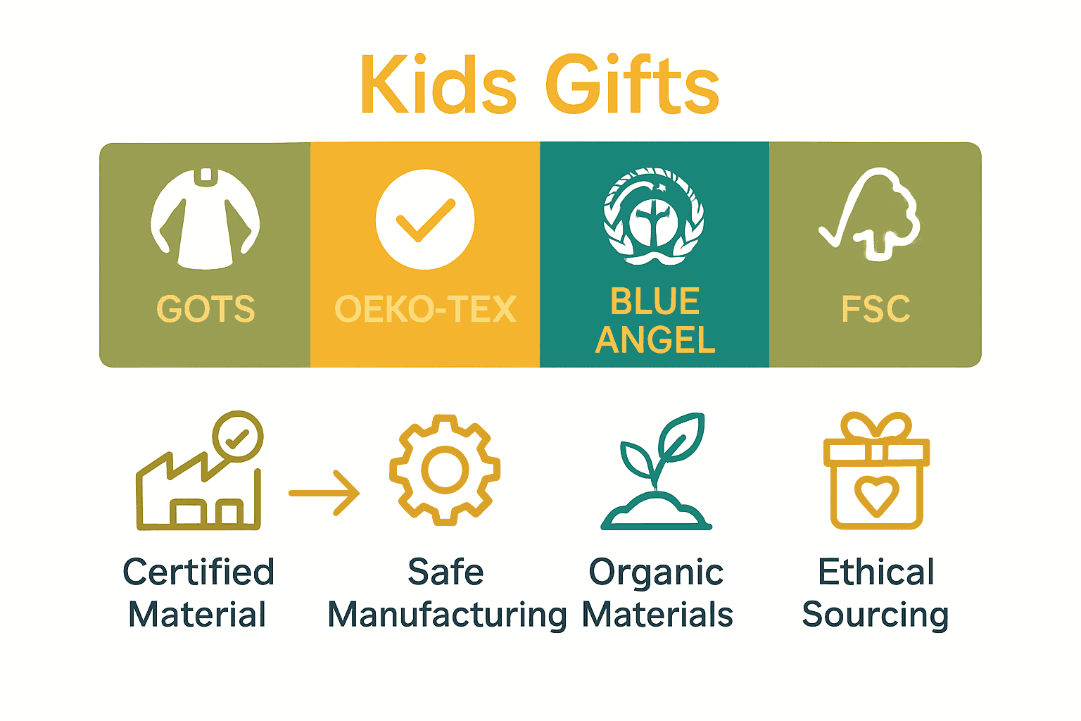Infographic comparing eco-certifications for sustainable kids gifts (GOTS, OEKO-TEX, Blue Angel, FSC).