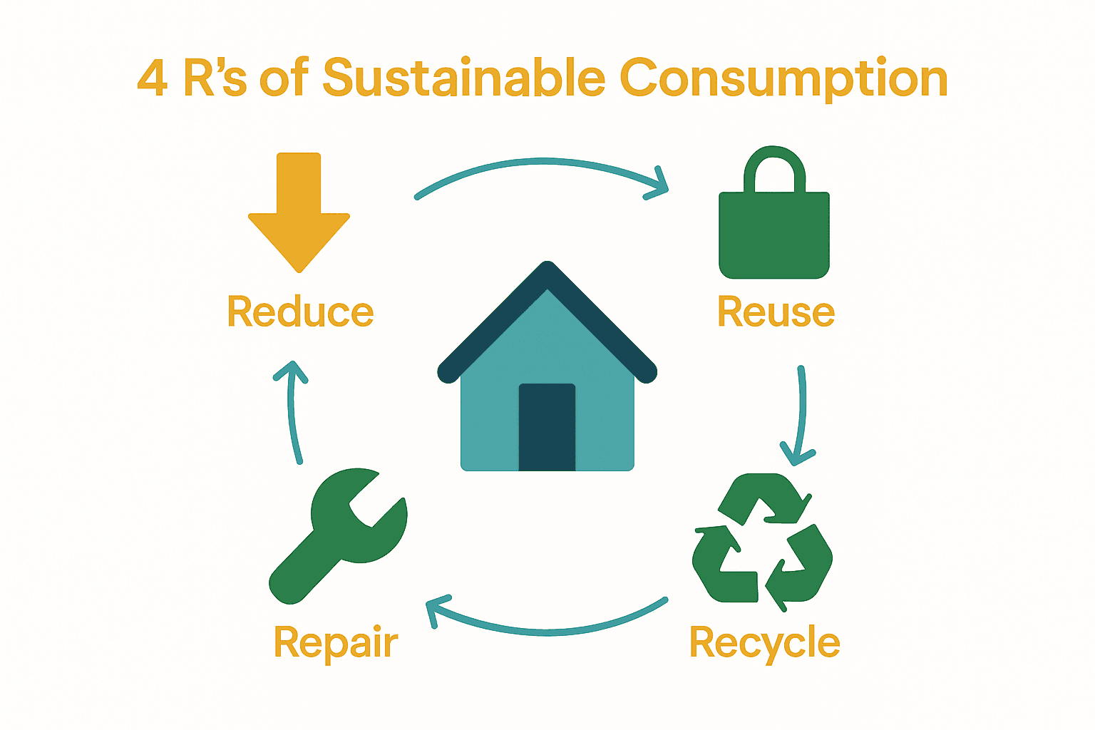 Infographic with icons for the four principles of sustainable consumption: Reduce, Reuse, Repair, Recycle, arranged in a circular flow.