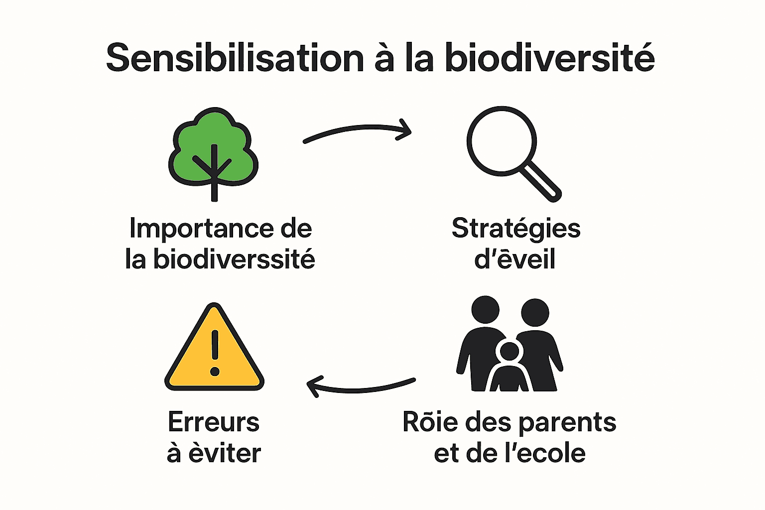 Axe de sensibilisation à la biodiversité pour enfants résumé en quatre étapes illustrées