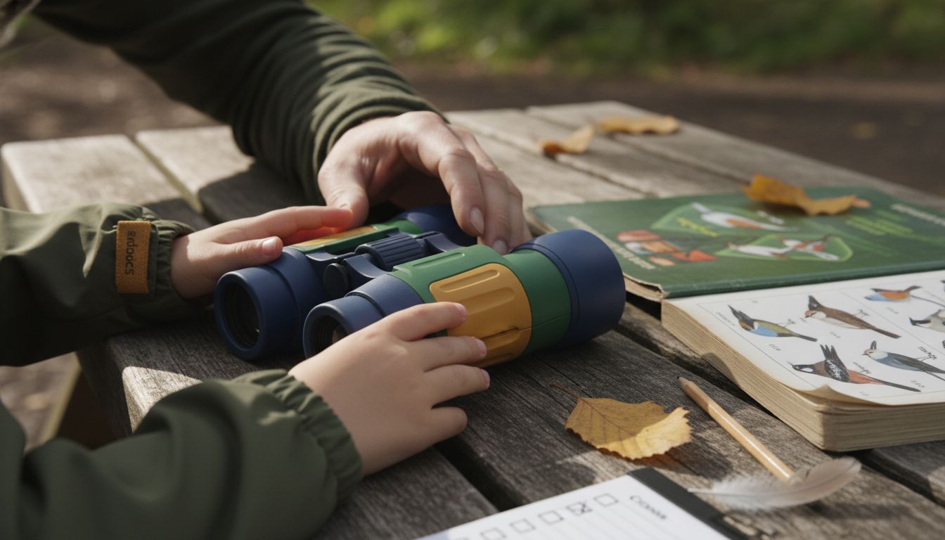 child adjusting binoculars