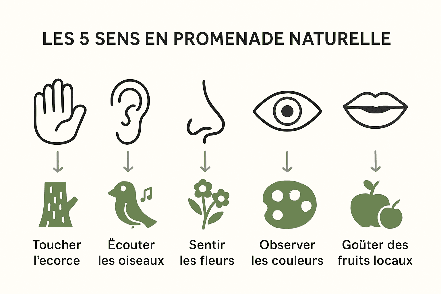 Infographie représentant les cinq sens en promenade nature