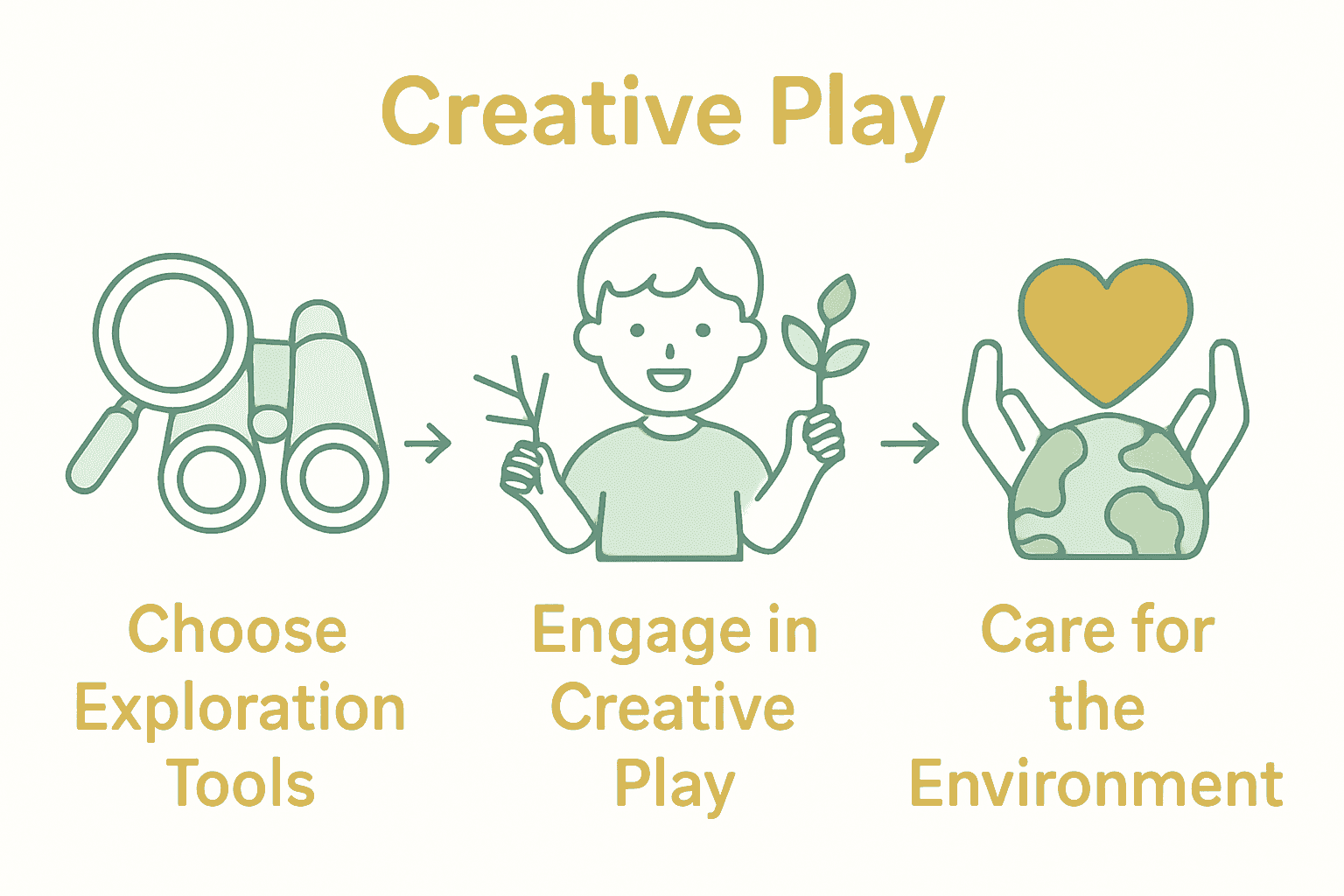 Infographic showing steps for fostering imagination outdoors with icons for exploration tools, creative play, and caring for the environment.