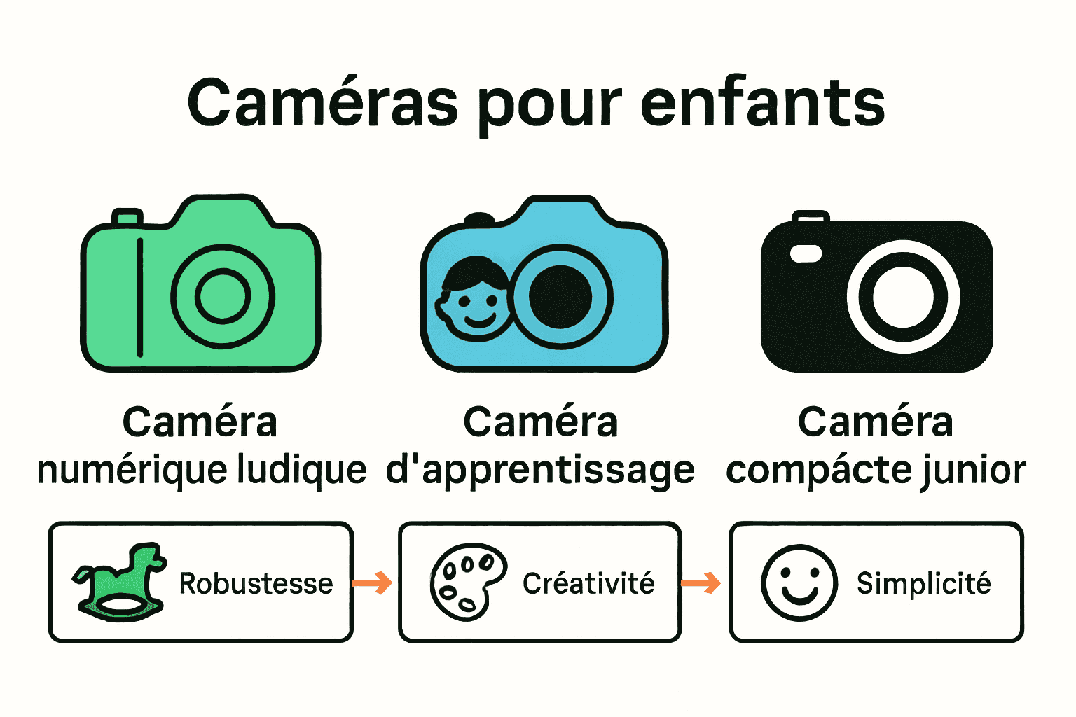 Comparaison visuelle des trois principaux types de caméras pour enfants.