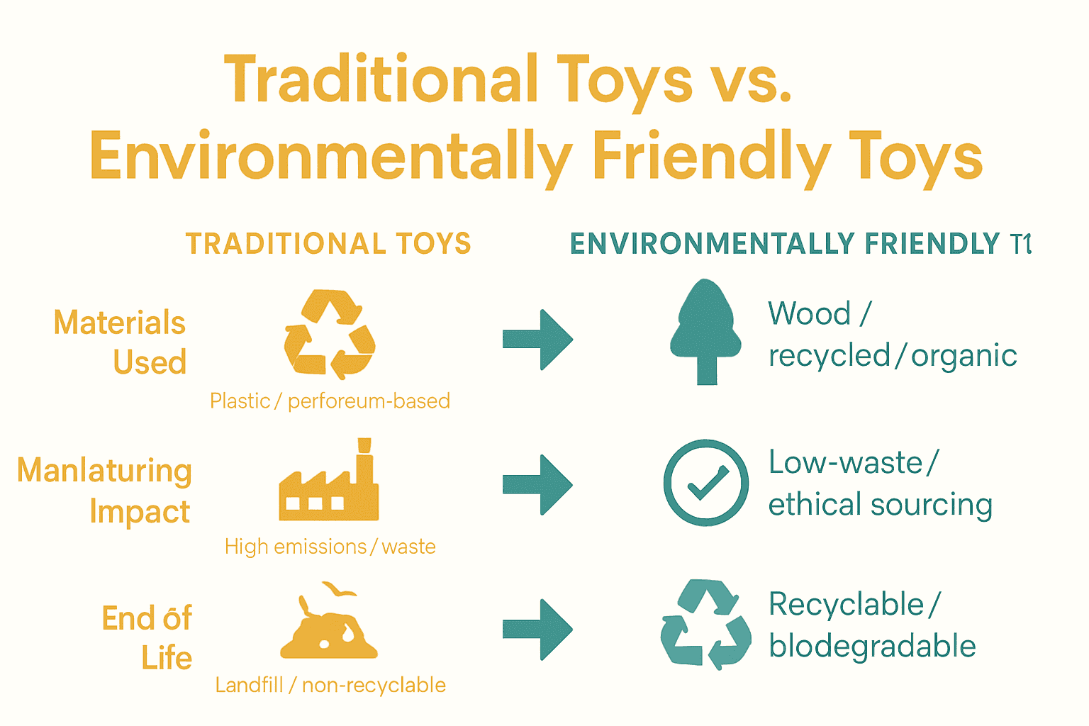Infographic comparing traditional and eco-friendly toys by materials, production, and disposal.