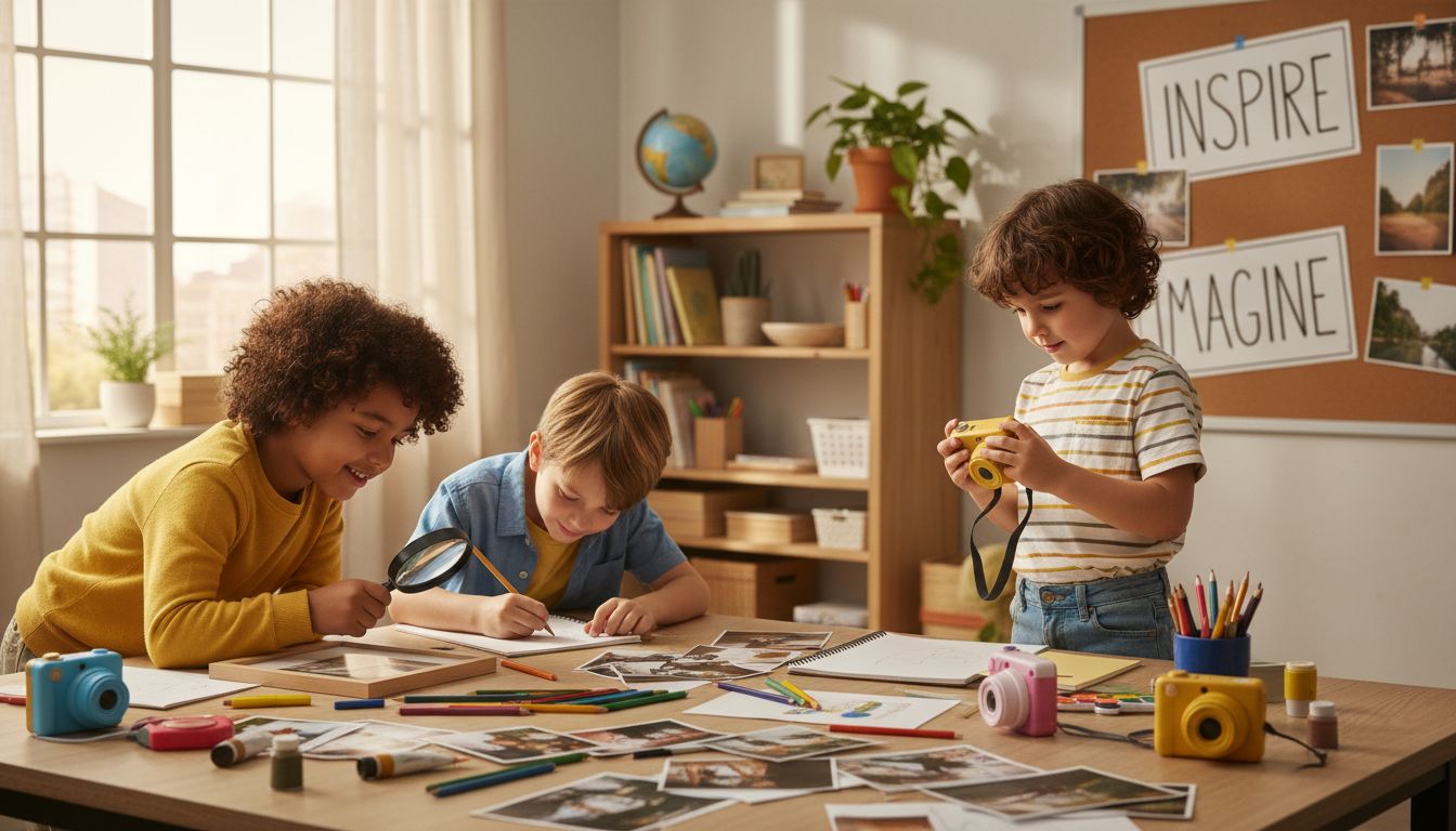 Children using cameras in creative classroom setting