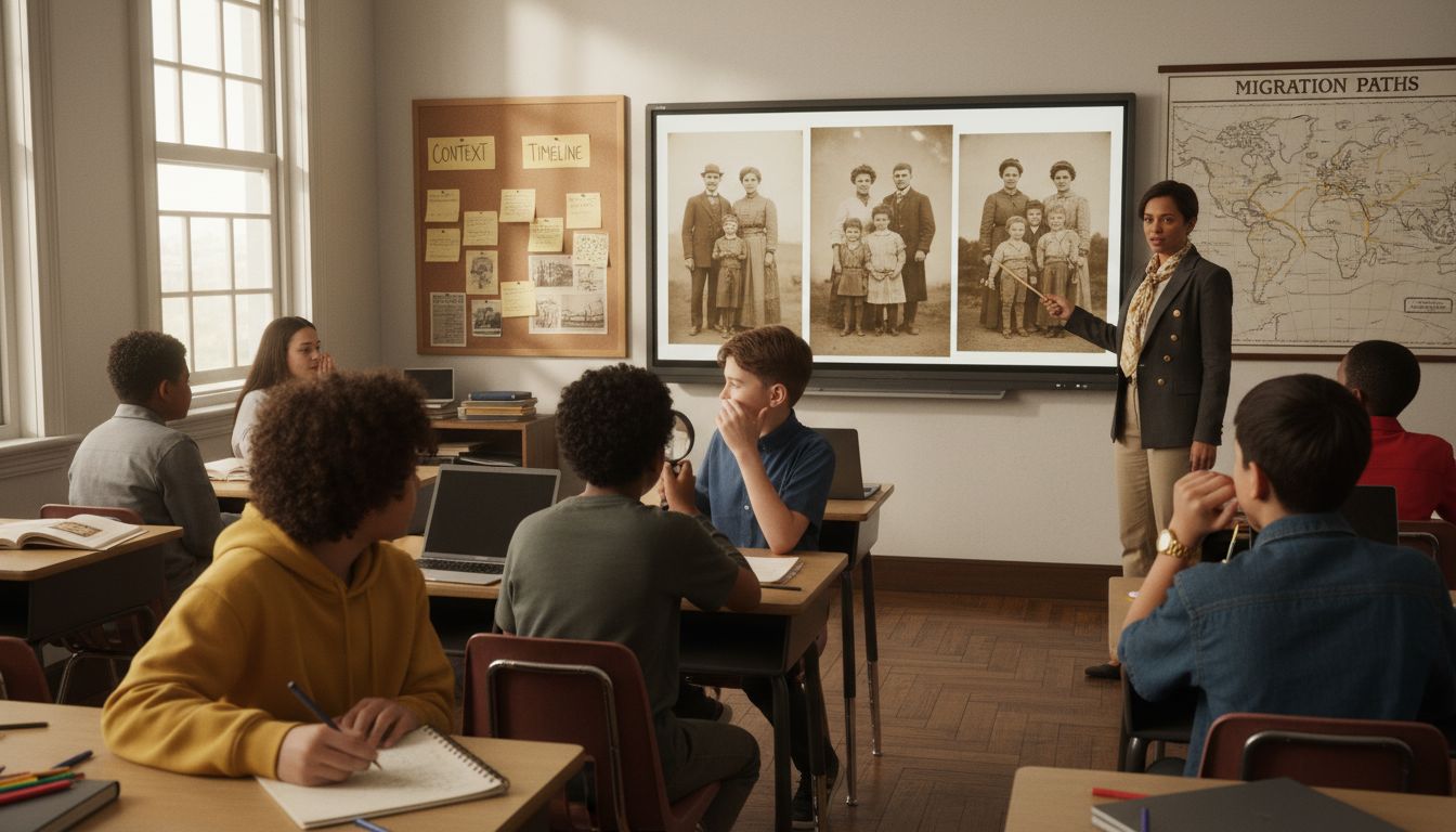 Students studying historical family photos