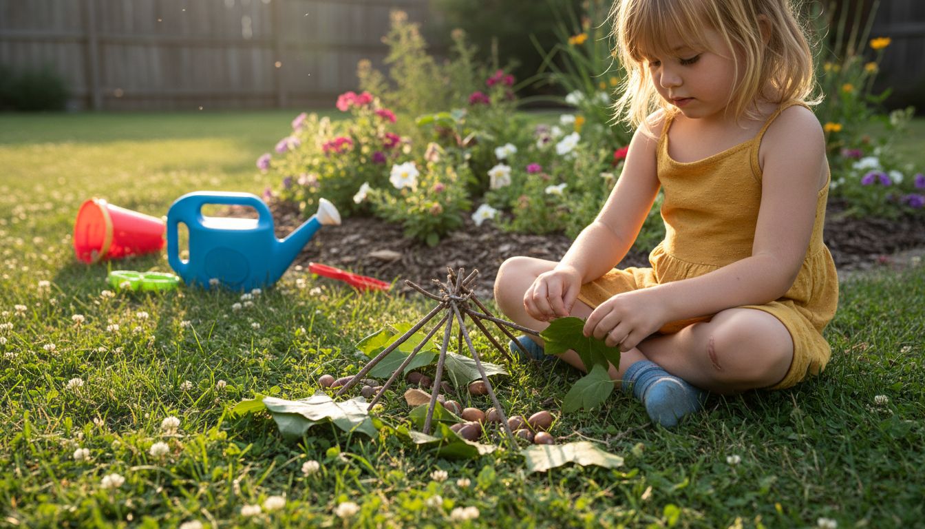 Child building with natural outdoor materials