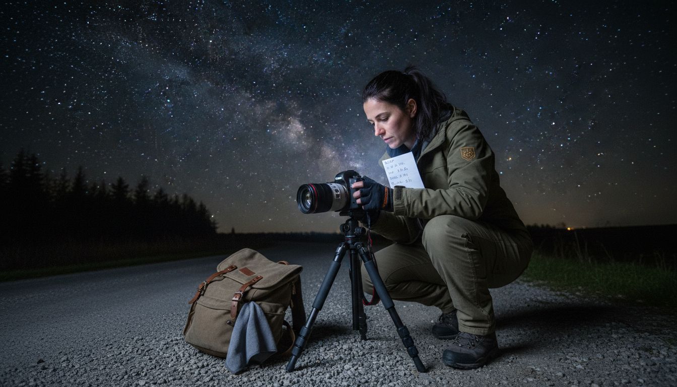 Photographer adjusting night shooting settings