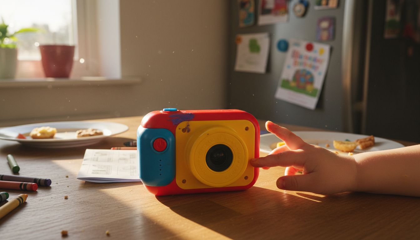 Closeup of child’s camera and child’s hand